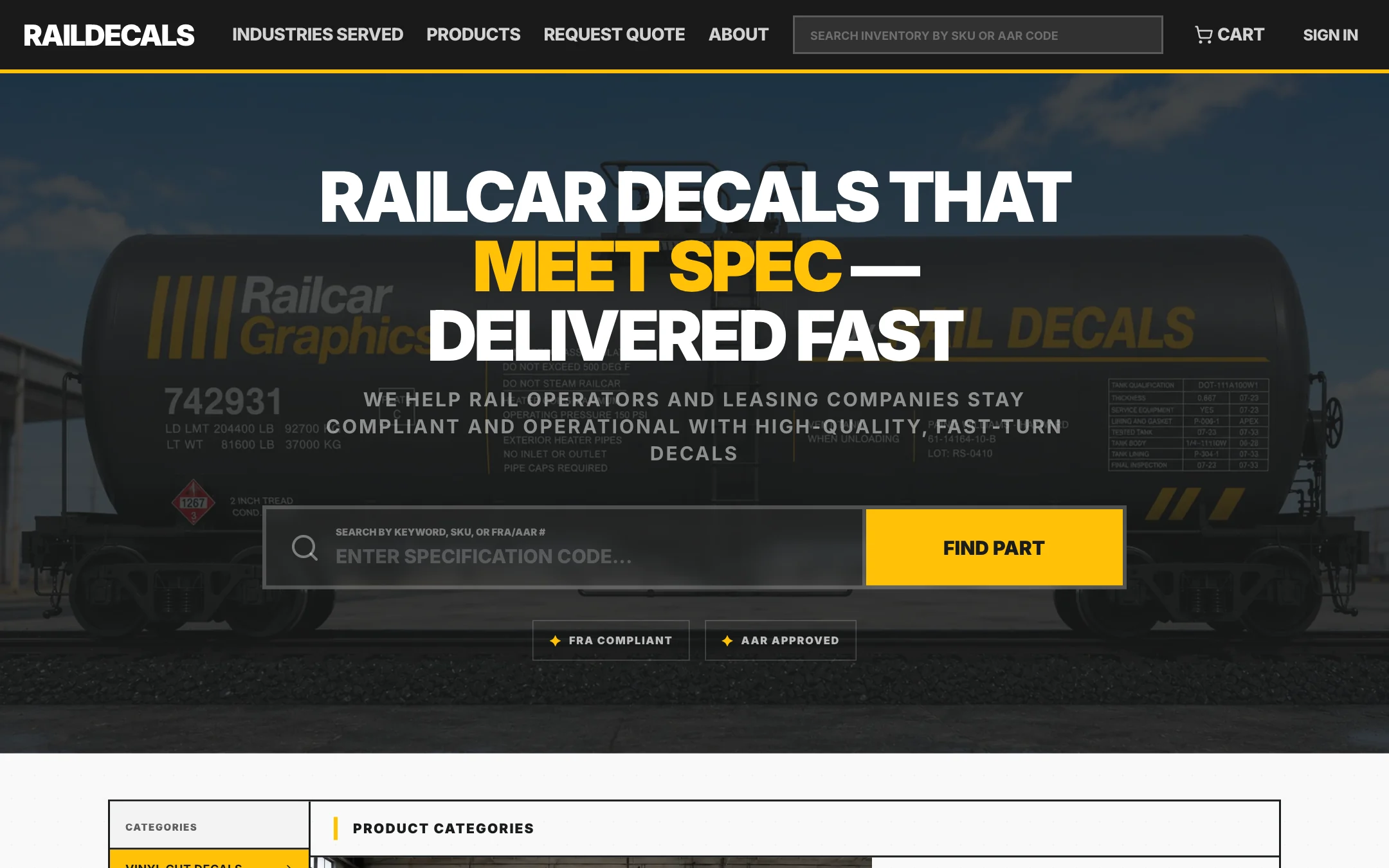 Rail Decals desktop website — industrial commerce